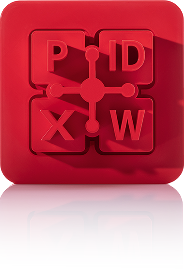 Le symbole est rouge unicolore et représente quatre carrés reliés entre eux par un lien central. Dans les carrés se trouvent les lettres « P », « D », « X » et « W », qui représentent les formats Office courants tels que PowerPoint, PDF, Excel et Word. L'icône se trouve dans un carré aux coins arrondis. Il symbolise la connexion Office de crossbase.